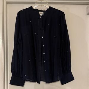 Navy Button-Up Blouse with Rhinestone Accents